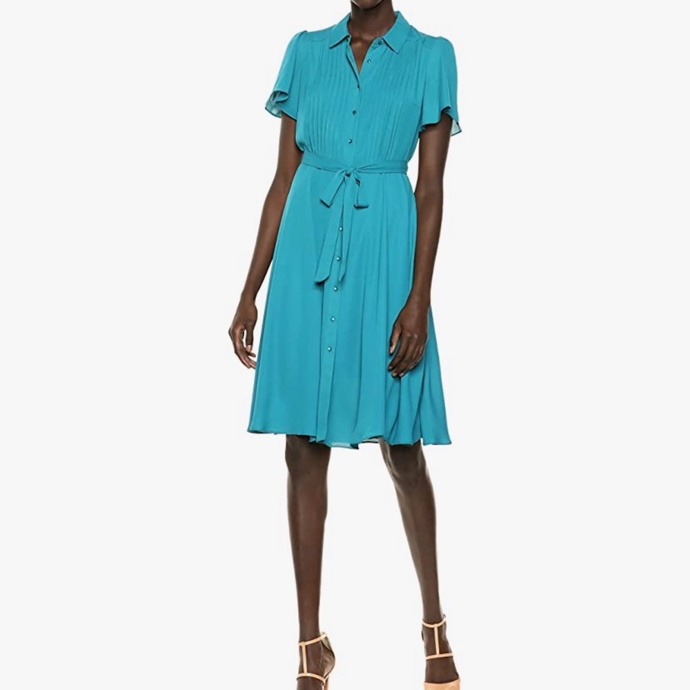 Teal Flutter Sleeve Pintuck Dress